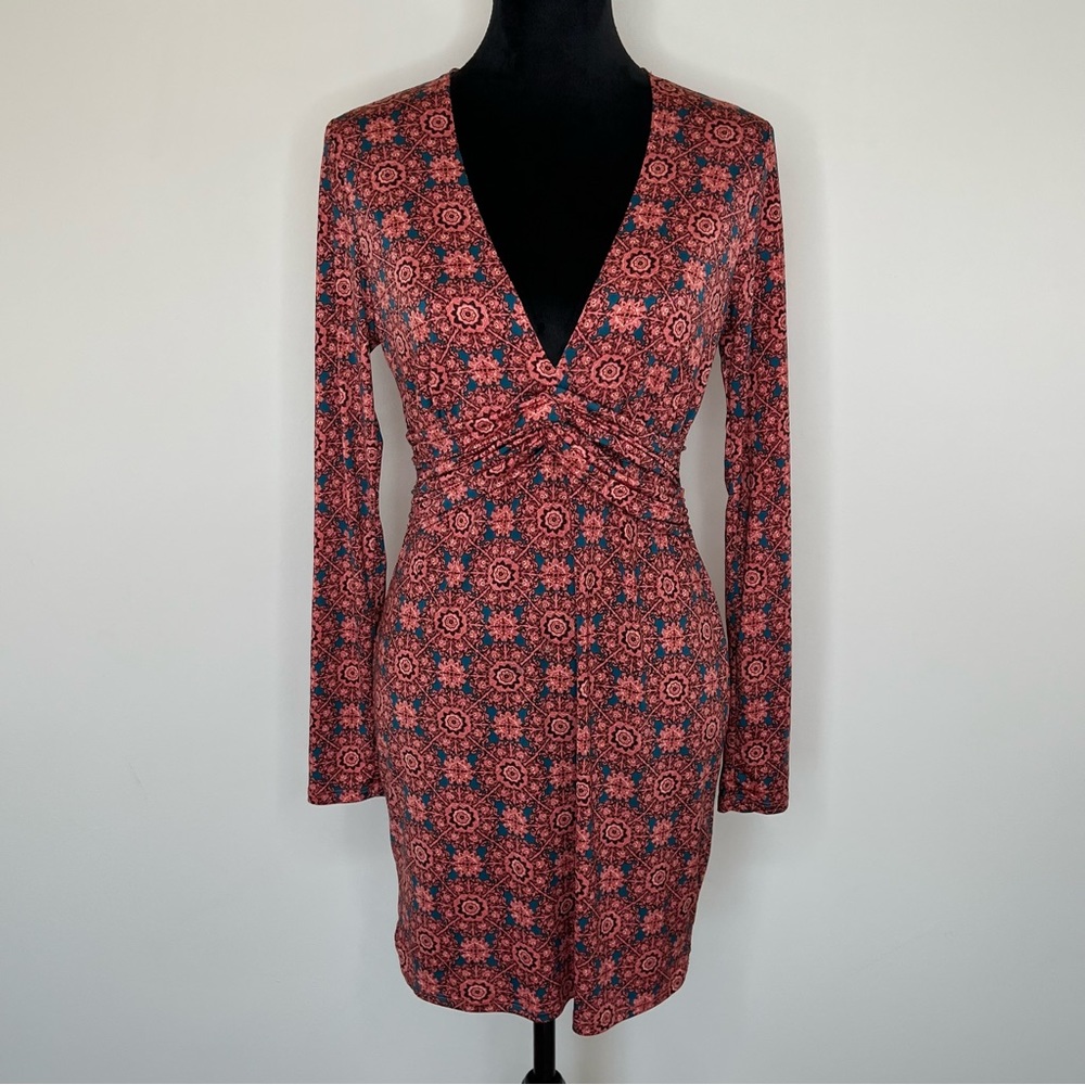 Forever 21 Red Patterned Long Sleeve Twist-Front Dress
